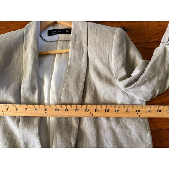 Zara Woman Beige Linen Blazer Jacket Women’s Size L – Ruched Sleeve Open Front - Picture 10 of 14